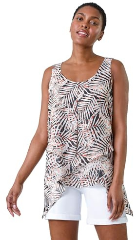 Roman Women Sleeveless Floral Print Chiffon Top Vest Ladies Asymmetric Tropical Blouse Casual Flattering Overlay Light Long Summer Holiday Evening Special Occasion - Black Multi - Size 10
