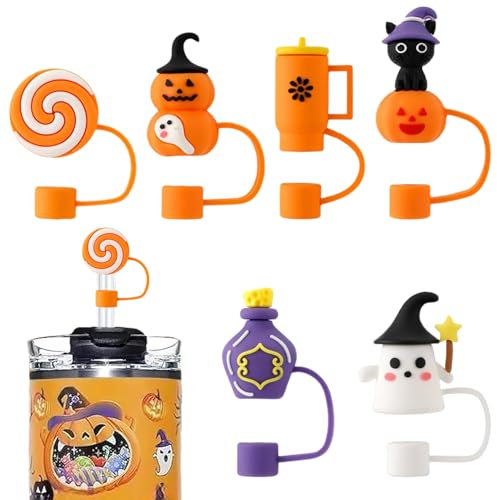 6 PCS Cute Halloween Silicone Reusable Drinking Straw Covers, Dust-Proof Straw Plugs for 10 mm Cups