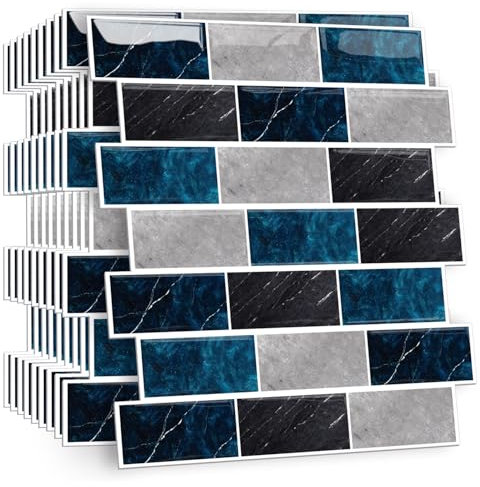 HPNIUB 10 Stück Blau Klebefliesen Küche Kachelaufkleber Fliesenaufkleber Küchenrückwand Fliesen Metro Fliesen Wandfliesen Selbstklebend Weiß Bad Küche Keramikfliesen 30 x 30cm