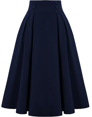 Onsoyours Jupes Femme Élégant Taille Élastique Trompette A-Ligne Midi Jupe Plissée Carreaux Skirt A Bleu Foncé L