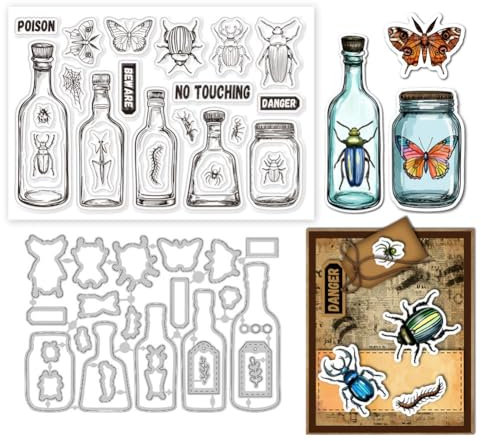 GLOBLELAND Transparente Stempel Mit Insekt Und Zaubertrankflasche Etiketten Rahmen Stanzformen Set Für Selbstgemachtes Scrapbooking Und Kartenmachen Dekorative Fotoalben Notizbuch Dekoration