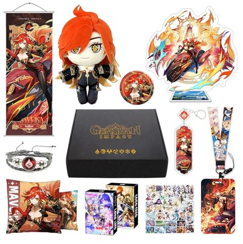 MOTAO Genshin Impact Box Mavuika Merch Set - Plüschpuppe, Poster, Kissenbezug, Acrylständer, Armband, Abzeichen, Schlüsselanhänger, Kartenhalter, 30 Lomo Karten, 50 Aufkleber (Mavuika)