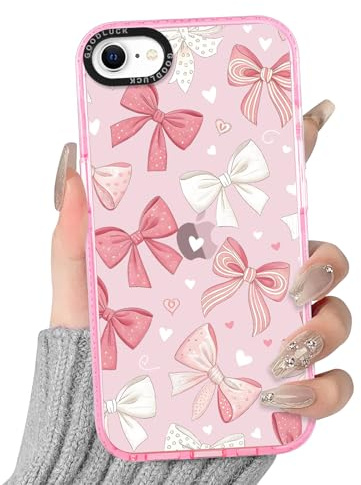 Phoona Transparent Pink Bow Heart Phone Case for iPhone 8/SE 2022/7/SE 2020 4.7, with Aesthetics Pattern Design Soft Silicone Clear Cases, Shockproof Bumper Protector Girls Women Cover, for iPhone 7