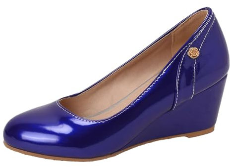 Jamron Donna Pelle Verniciata Punta Rotonda Décolleté con Zeppa Scarpe Eleganti Blu SN0703455 EU43