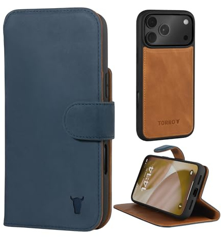 TORRO Lederhülle kompatibel mit iPhone 17 Pro 6.3” 2025 – Lederhülle mit Magnetisch Abnehmbarer Brieftasche mit Ständer (Kompatibel mit Offiziellen MagSafe-Ladegeräten) - Nubuk Blau