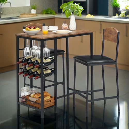 Garvee Set 3 Pezzi Tavolo Alto Da Bar Con 2 Sgabelli, Tavolo Da Pranzo Con 1 Ripiano & Portabottiglie a 2 Livelli & Portabicchieri, Set Per 2 Persone in Stile Industriale, Marrone Vintage