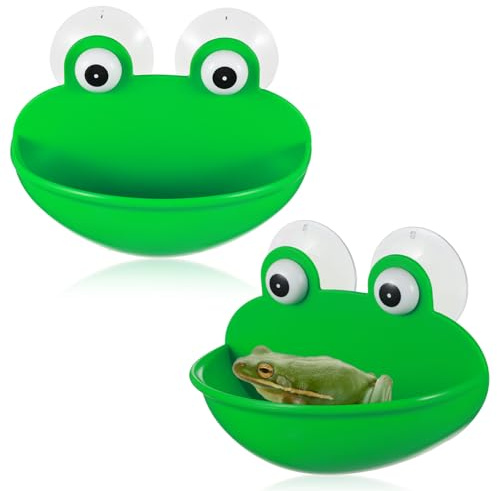 2 Pcs Frog Habitat with Suction Cup, Cute Frog Dish Holder for Tree Frogs, Toad & Tadpole, Plastic Terrarium Decor for Aquarium, Fish Tank & Reptile Enclosure, Frogs Tank Accessories (Green)