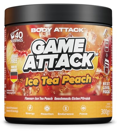 GAME ATTACK Gaming Booster Ice Tea Peach 300 g Energy Drink Pulver | Ice Tea Peach, 300 g für 40 Portionen, Energy Drink Pulver für Fokus und Energie, 17 kcal, 18 Zutaten, Made in Germany