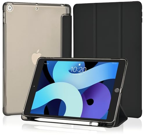 4UBonLife Cover Per iPad 9a/8a/7a Generazione 10,2 Pollici 2021/2020/2019 con Portapenna, Custodia Protettiva Sottile con Retro Rigido Traslucido Guscio Case per iPad 7/8/9, Nero