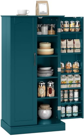 COSTWAY Armoire de Cuisine 2 Portes avec 16 Étagères, Meuble Cuisine Rangement, Buffet Salon, Vaisselier, Étagères Réglables, Garde-Manger (60 x 40 x 120 cm,Bleu Canard)
