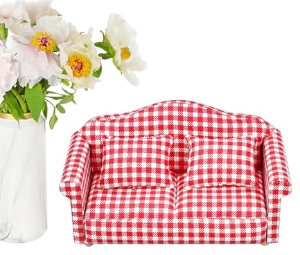 Miniatursofa – 5,31 Zoll Holz | 1:12 Mini-Puppenhaus-Sofa Mit Kissen | Puppenhausmöbel | Rot Karierter Sessel | Wohnzimmerzubehör, Perfekt Für Die Wohnzimmerdekoration Eines Puppenhauses Im Maßstab 1: