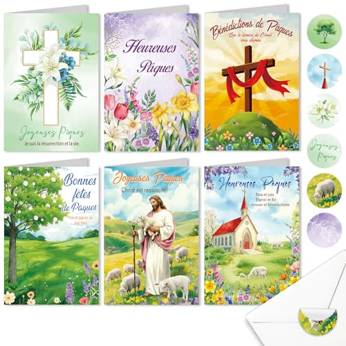DPKOW 6 x Religieuses Pâques Cartes avec Enveloppe Autocollants, Chrétien Joyeuses Pâques Cartes de Vœux Jésus Christ est Ressuscité Heureuses Paques