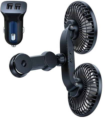 Ventilador de coche para asiento trasero, 12 V, USB, ventilador de asiento trasero con cargador de coche y cable, ventilador de refrigeración giratorio de 360 °, 3 velocidades, ajustable, doble