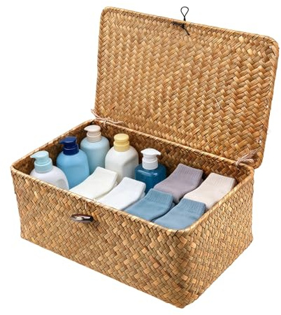 IHONYI Aufbewahrungskorb aus geflochtenem Rattan – Seegras Korb mit Deckel, handgeflochten, mit stabilem Drahtgestell, Wäschekörbe,Körbe & Aufbewahrungsbox Badezimmer, Schlafzimmer, Wohnzimmer(S)