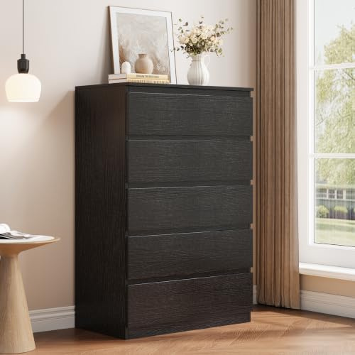 Jocoevol Kommode mit 5 Schubladen für Schlafzimmer, 60 x 39 x 100 cm, Modernes Schlichtes Design, Holzkommode mit tiefen Schubladen, für Wohnzimmer, Flur oder Eingangsbereich, Schwarz