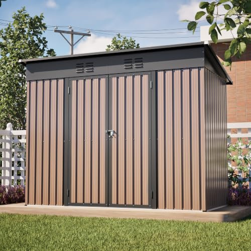 Metall Gerätehaus 8x4 Fuß mit stabilem Fundamentrahmen, wetterfester Gartenschuppen für Garten & Terrasse, geräumiges Gartenhaus in Braun – Bodenplatte erforderlich