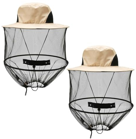 Novocloud 2 Pcs Sombrero con Mosquitera Cabeza Plegable - Gorro de Pesca Anti-Insectos, Red de Malla Fina Transpirable Mosquitera Sombrero para Senderismo, Camping, Jardinería y Apicultura (Beige)
