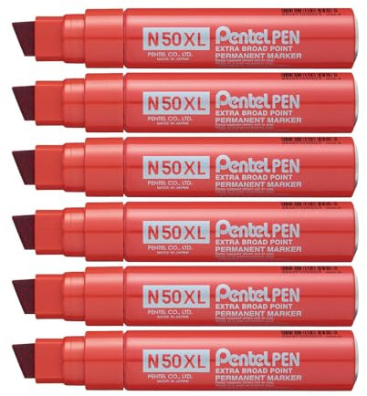 Pentel Pen N50XL-B Lot de 6 Marqueurs permanents pointe biseautée extra large Rouge