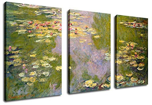 Canvas Wall Art Decor Water Lilies 1919 Claude Monet Painting 30 x 60 Framed Ready to Hang - 3 Pieces Large Canvas Art Contemporary Picture Artwork for Living Room Bedroom Home Interior Decoration