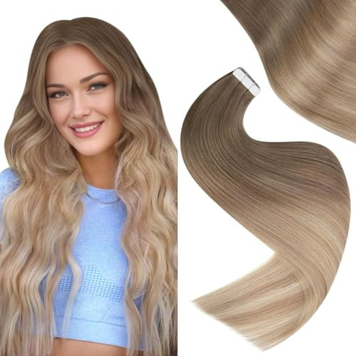 Easyouth Echthaar Extensions Tape Balayage Aschbraun Echthaar Tape Extensions Ombre Platinblond und Aschblond Mischen Tape in Extensions Echthaar 35 cm 40g 20Stück #8/60/18