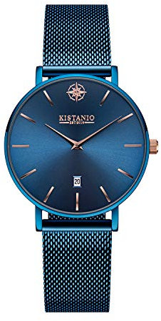 Kistanio Petit Damenuhr mit Milanaiseband Datum Edelstahl Blau Blau Saphirglas BL-BLS-M
