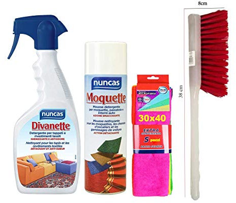 NUNCAS DIVANETTE 500 ML + MOQUETTE 500 ML + pacco 5 pezzi panni microfibra 30x40 e SPAZZOLA PER TAPPETI 38x8cm