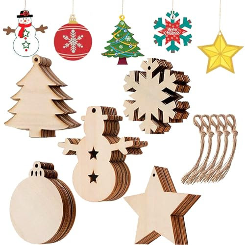 Johiux 50 Stück Holz Weihnachtsschmuck, DIY Christbaumschmuck Weihnachtsschmuck,Weihnachten basteln holzscheiben, Weihnachtsbaum, Holzstern, Runde Scheibe, Schneeflocke, Schneemann.