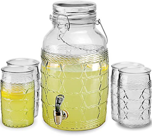Circleware Weiden-Unterhaltungs-Set, Getränkespender mit hermetischem Verschlussdeckel und 4 Gläsern, Glaskrug für Wasser, Saft, Bier, Wein, Likör, Kombucha und kalte Getränke, 3,6 l und 10,2 x 40,6