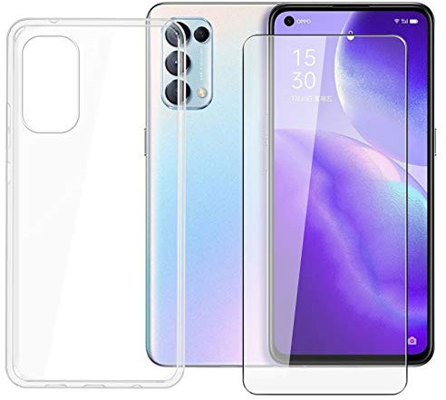 AQGG Cheap Case Cover + Tempered Glass for Oppo Reno5 5G CPH2145 (6.43 Inches) Mobile Phone Case Transparent TPU Silicone Protective Case Bumper - 9H Tempered Glass Film - Clear