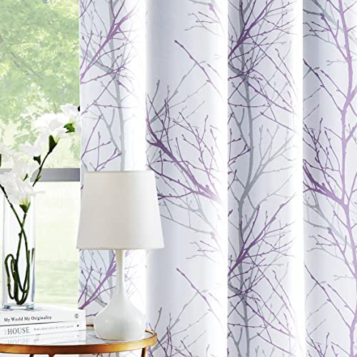FMFUNCTEX Lila Grau Blickdichte Vorhänge für Wohnzimmer Gardinen mit Ösen Verdunkelungsvorhänge Baum Zweig Muster Ösenvorhang Thermovorhang für Schlafzimmer 2er Set, 245 x 129 cm (H x B)