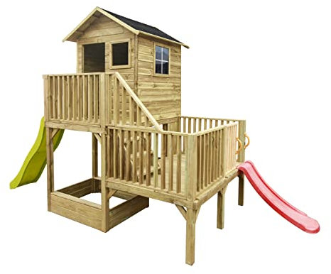 4IQ Spielhaus Kinder Outdoor mit Rutsche - Holz Gartenhaus Kinder Modularer Aufbau für Draußen - Stelzenhaus Garten Aus Imprägniertem Kiefernholz