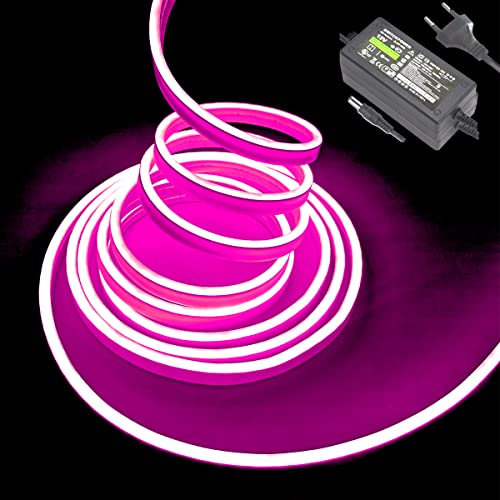 Balabaxer Barre lumineuse LED néon, 5 m 12 V DC 600 SMD2835 LED étanche pour décoration intérieure et extérieure (avec adaptateur secteur) (5M, pink)