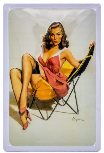 Retro Blechschild - Vintage Nostalgie Pin Up Girl (Camping) - hochwertig geprägtes Stahlblech - Deko Schild, 3D Effekt - 30 x 20 cm