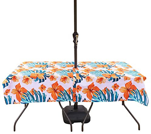 Eternal Beauty Nappe rectangulaire anti-éclaboussures avec trou de parasol et fermeture éclair pour terrasse, jardin, fête et barbecue (132 x 178 cm, fermeture éclair, fleur orange)