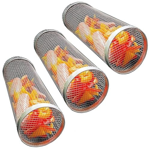 Grillkorb aus Edelstahl, Drahtgeflecht, tragbarer Zylinder-Grillkorb, Outdoor-Camping, Grillgestell, rund, Grillzubehör, Set für Gemüse, Fleisch, Fisch, Pommes (30 cm)
