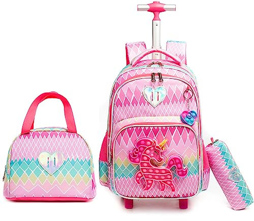 HTgroce Rollrucksack Schulranzen mit Rollen 1. klasse für Mädchen Pop it Rucksack Zoll Set 3 in 1 mit Lunch Bag und Mäppchen Pop Fidget Bag
