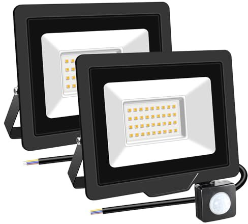 RIGIDON 2x 30W Faretto con Sensore di Movimento, 3000 LM 3000K Bianco Caldo Proiettori Faretto LED da Esterno, Fari di Sicurezza, Luci Esterno Per Giardino, Garage, Strada, Patio, Terrazza, Cortile