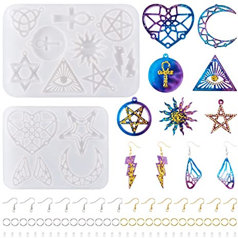 BB Beadthoven Set di 2 stampi in silicone per ciondoli a forma di cuore, luna, sole, stella, resina epossidica, kit di stampi per orecchini con ganci in ottone per fare gioielli