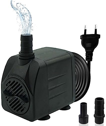 Mini Wasserpumpen(450L/H, 8W), Ultra Leise Aquarium pumpe mit hohem Hub, brunnenpumpe mit 1,5 m Netzkabel, 2 Düsen für Aquarien, Teich, Brunnen, Statuen