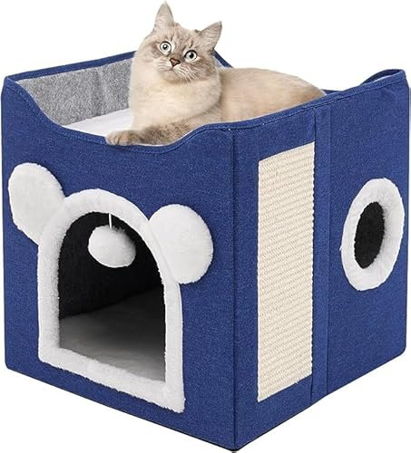 Faltbares Katzenhaus Großer Katzenhaus Höhle für Katzen und kleine Hunde mit Kratzbrett und Flauschige Kugel Blau