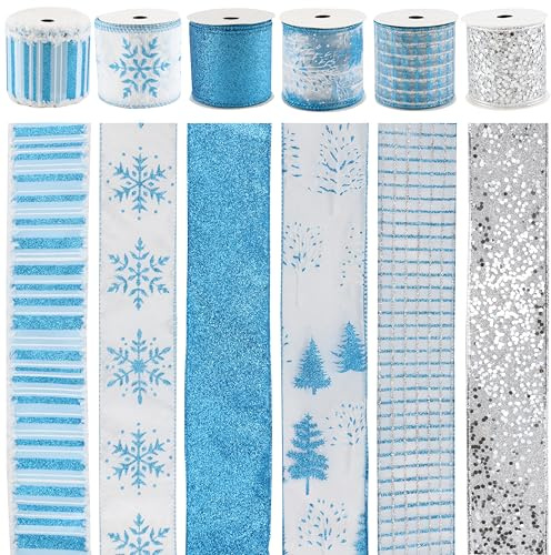MAYREEL Cinta de Navidad azul de 2.5 pulgadas con alambre azul turquesa y plata para árboles de Navidad, coronas, adornos de árboles, manualidades, decoración del hogar, envoltura de regalos, 6 rollos