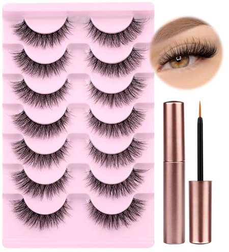 wiwoseo Eyelashes Cat Eye Lashes Fluffy Wispy Eyelashes Natural Clear Band Lashes with Glue 16MM D Curl Natural Volume Faux Mink Lashes that Look Like Extensions 7 Pairs