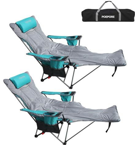 POEPORE Campingstuhl 2er Set Faltbar mit Fußablage 4-Fach Verstellbarer Strandstuhl Liegestuhl Angelstuhl Campingstühle für Erwachsene mit Wattepad Kissen Getränkehalter Armlehnentaschen Cyan