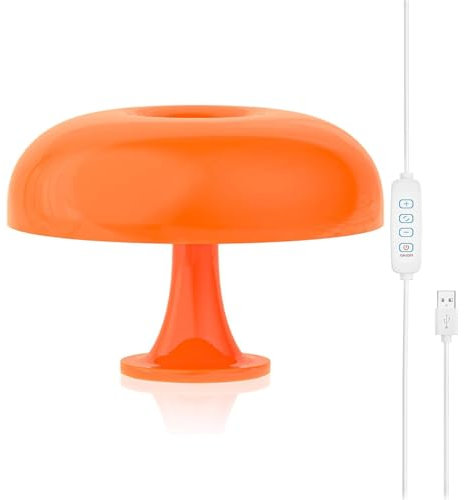 Pilzlampe Tischlampe Dimmbar LED Mushroom Tischleuchte Nachttischlampe mit USB Stecker, E14 Fassung,Deko Nachtlicht Orange Schreibtischlampe für Schlafzimmer Wohnzimmer, mit 3 Farben Glühbirne,Orange