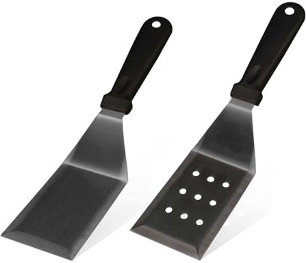 Realand Metal Spatula for Cooking Cast Iron, 2pcs Griddle Spatula Heavy Duty Stainless Steel Spatula Set, Flat Grill Spatula Fish Burger Spatula Turner for Kitchen Use, Strong Black Handle