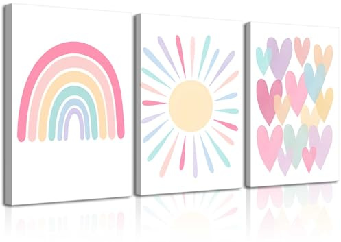 RCJARTI 3Pcs Framed Pink Nursery Canvas Wall Art Rainbow Poster Kids Bedroom Baby Girls Toddler Pastel Wall Decor Prints Sun Boho Pink Sunshine Painting for Classroom School Nursery Decoration