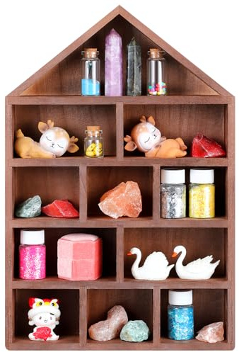 Threehoney House Shaped Wooden Shadow Cubby Box 10 W x 2 1/4 D x 15 H Hanging Display Shelf Organizer Wall Mounted Curio Cabinet Wooden Display Case Miniature Shelf for Figures(Brown)