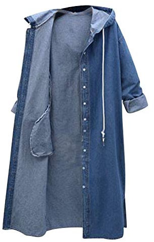 Giacca lunga da donna in jeans taglie forti giacca di jeans con cappuccio allentata giacca lunga in jeans con cappuccio cappotti, Blu scuro, 18-20