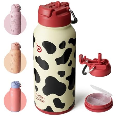 BOTTLE BOTTLE Insulated Water Bottle 950ml(32oz) Stainless Steel Sports Water Bottles with Straw Dual-use Lid Drink Flask Design for Gym with Pill Box (cow)