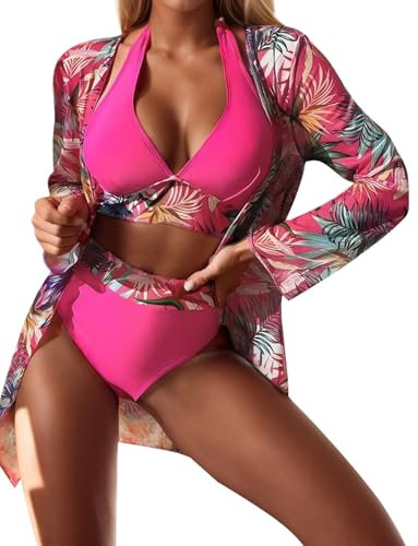 Adjustable V-Neck Adjustable Back Tie Bikini Set for Women 3 Piece Bathing Suit High Waisted Triangle Swimsuits Set Rose L